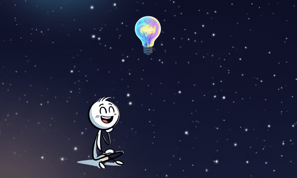 An expressive and witty illustration of a stick figure happily jumping in excitement, as a glowing light bulb appears high above its head, symbolizing a fun "aha!" moment.